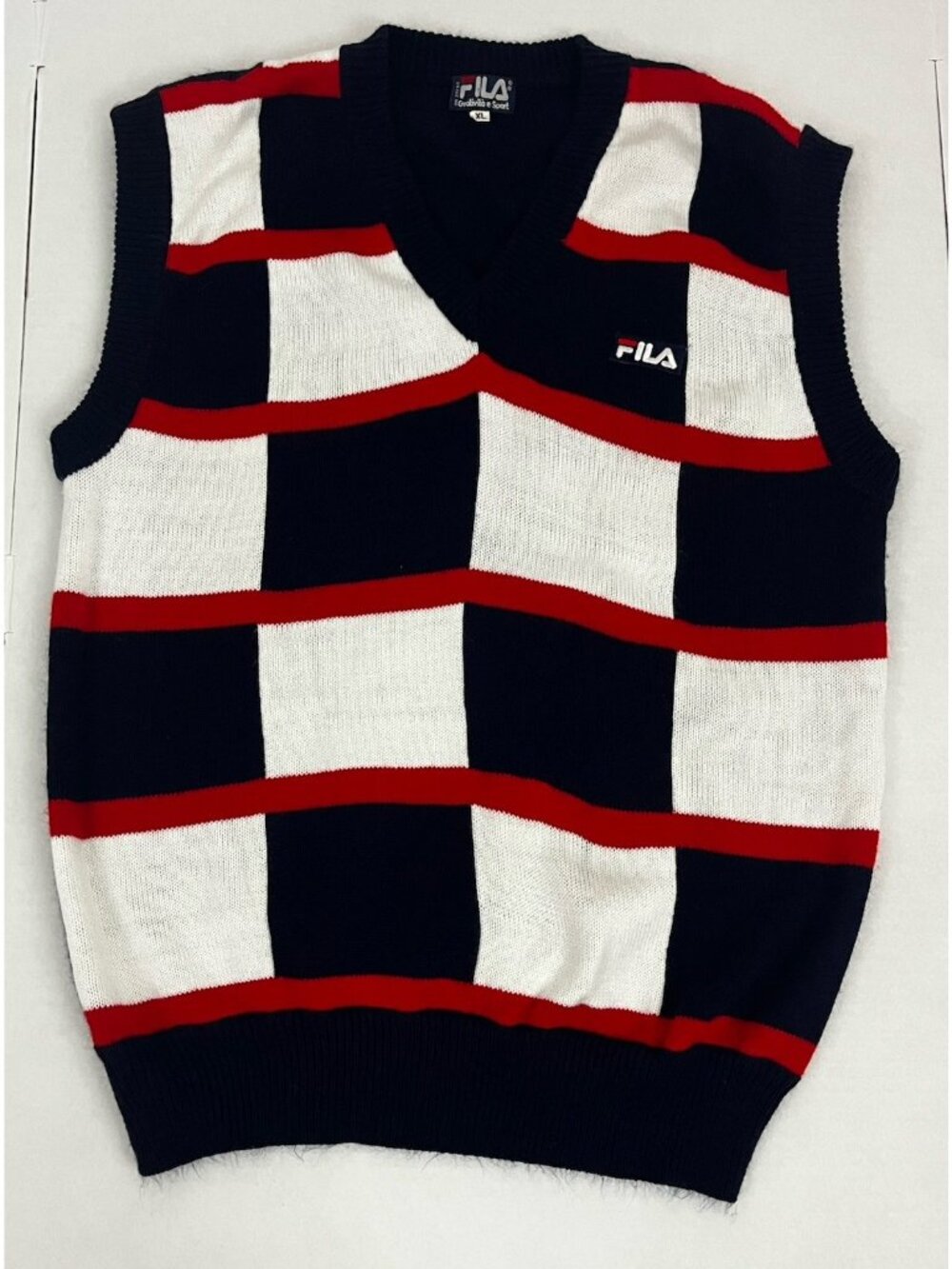 Fila Men's XL Checkered Check Sleeveless Knit Sweater Vest Acrylic V-Neck R/W/B